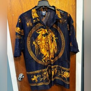 Urban Edge men’s button up mesh shirt with Roman design